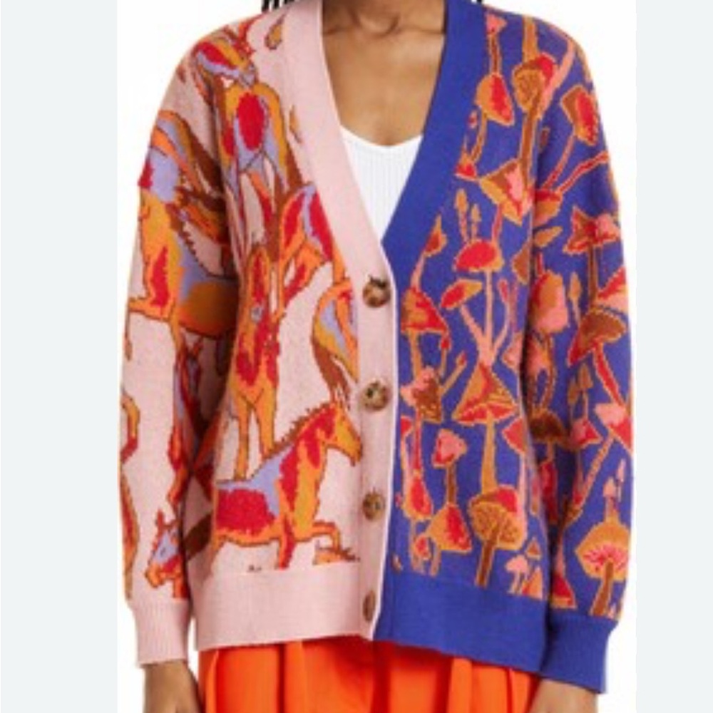 FARM RIO WILD HORSES & MUSHROOM KNIT CARDIGAN SWEATER - Smalll
